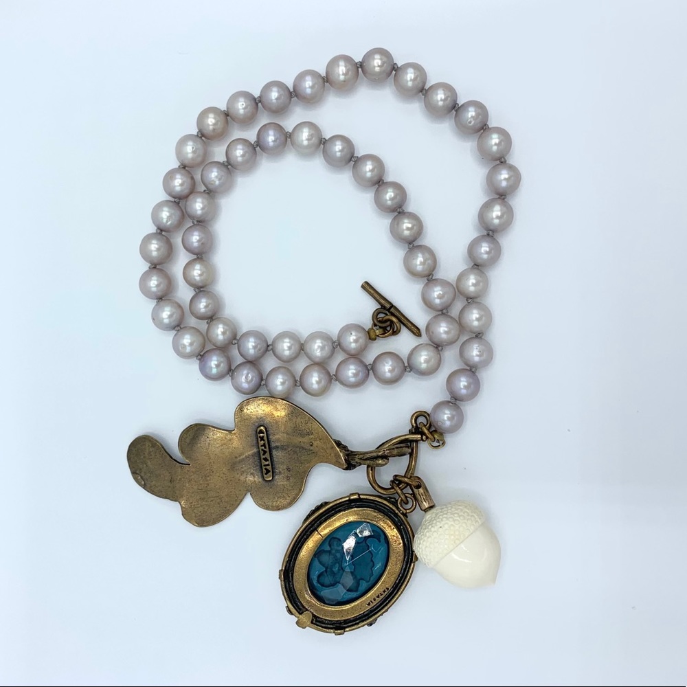 Pearl Necklace with Acorn & Leaf Pendant